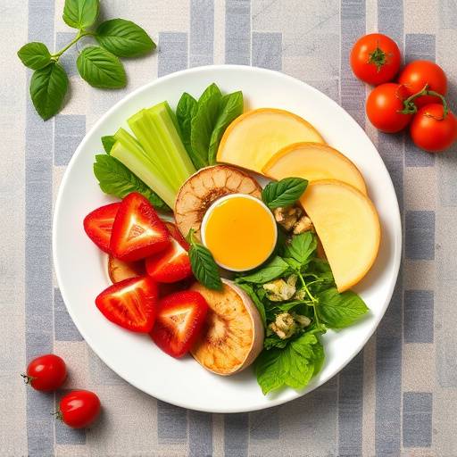A close-up shot of a balanced plate of food with colorful vegetables, lean protein, and whole grains.