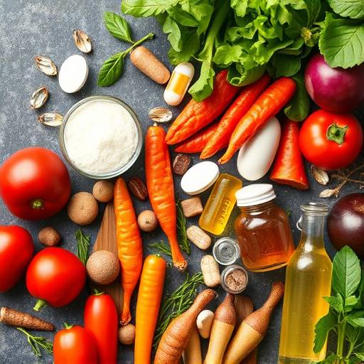 A colorful array of vitamin and mineral supplements alongside fresh produce, highlighting the importance of micronutrients