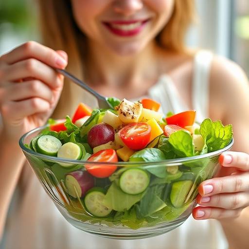 A person eating a healthy salad, representing the importance of a balanced diet in preventative healthcare.