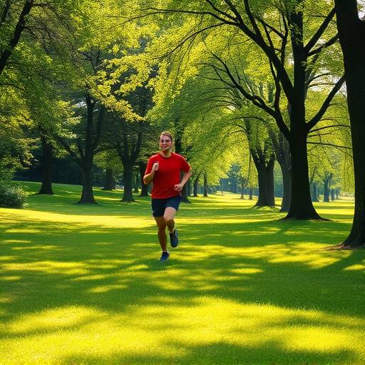 A person jogging in a park with lush greenery in the background, representing the benefits of outdoor exercise.