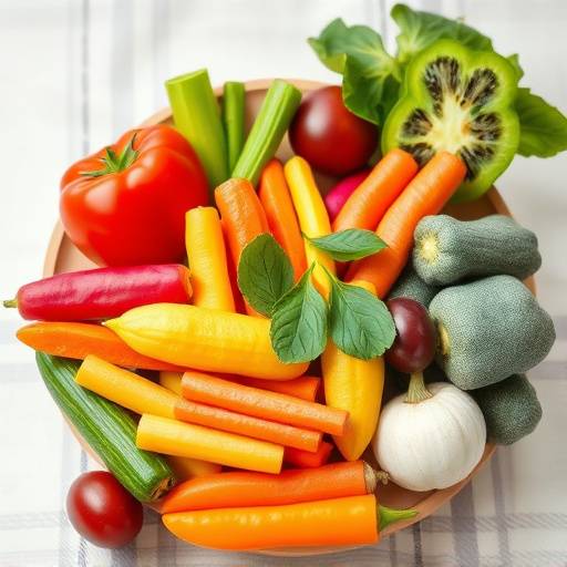 Assortment of colorful fruits and vegetables, representing a balanced and healthy diet