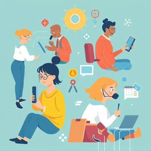 Illustration of a diverse group of people using assistive technologies such as screen readers and braille keyboards.