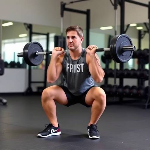 Person performing a bodyweight squat, demonstrating proper form and technique for beginners